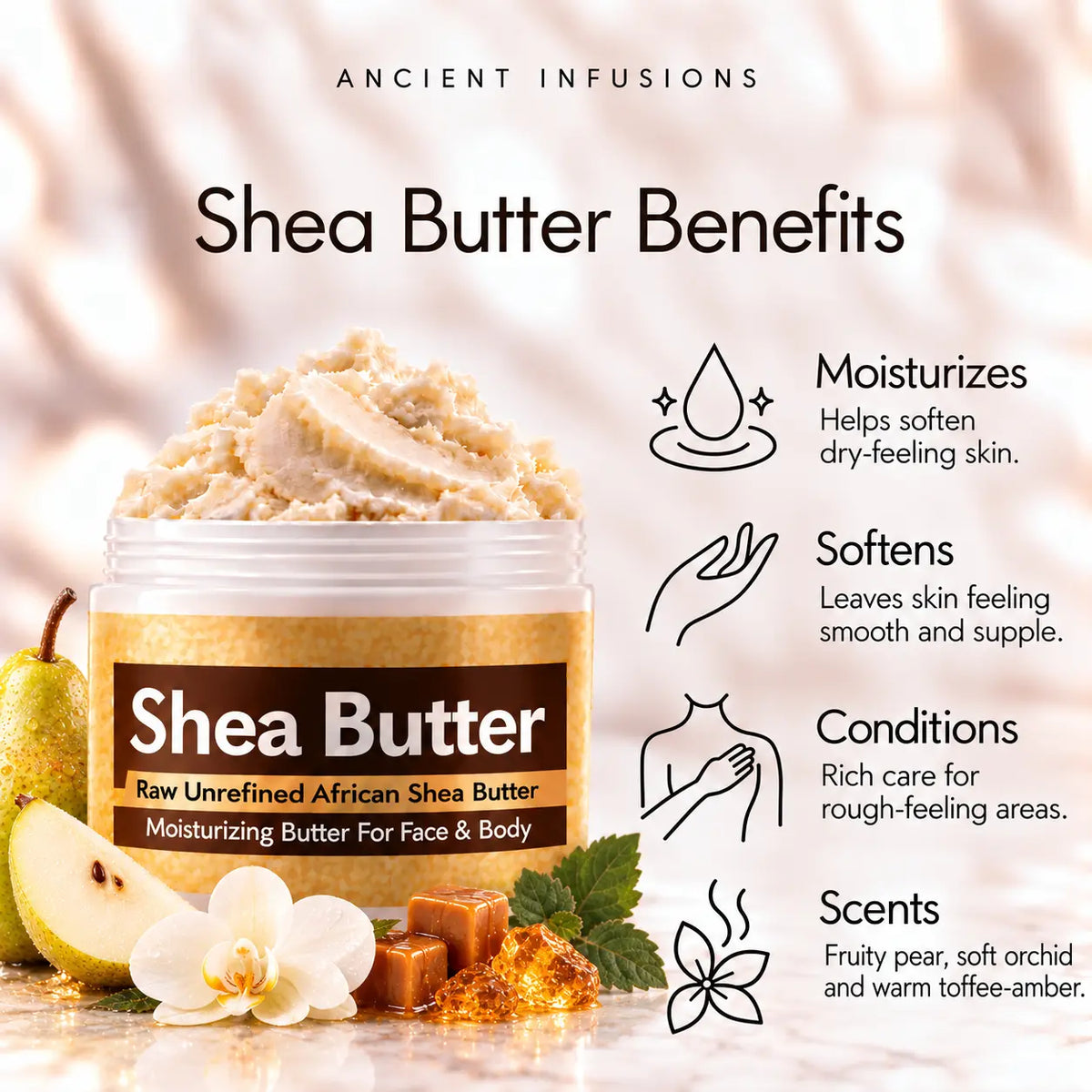 Jimmy Choo Woman inspired shea butter moisturizing, softening, conditioning and fruity pear, soft orchid and warm toffee-amber scented-skin benefits.