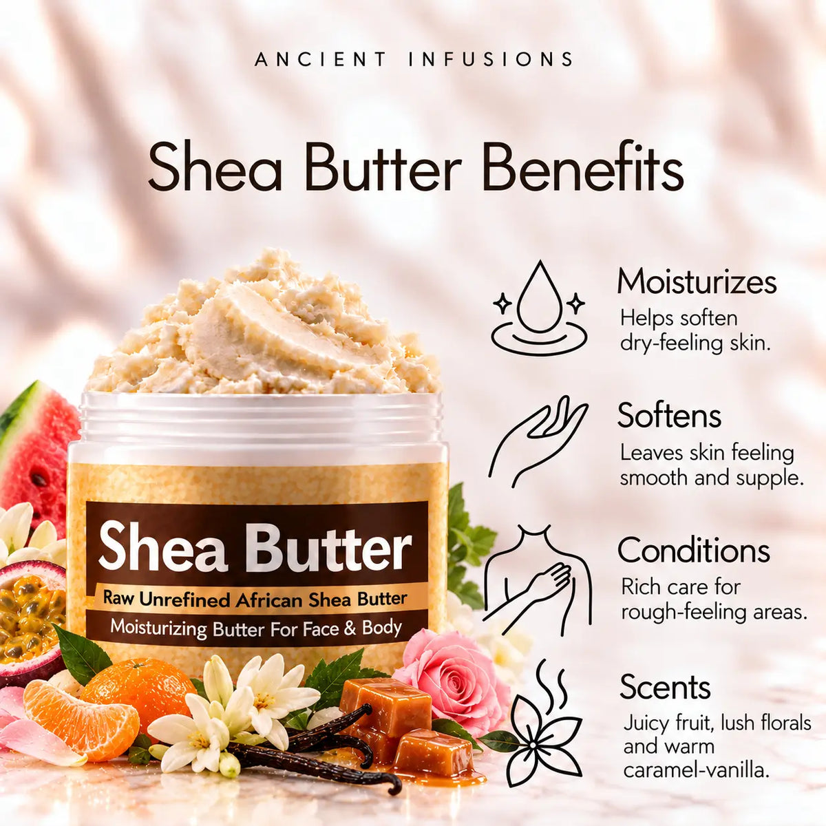 Juicy Couture inspired shea butter moisturizing, softening, conditioning and juicy fruit, lush florals and warm caramel-vanilla scented-skin benefits.