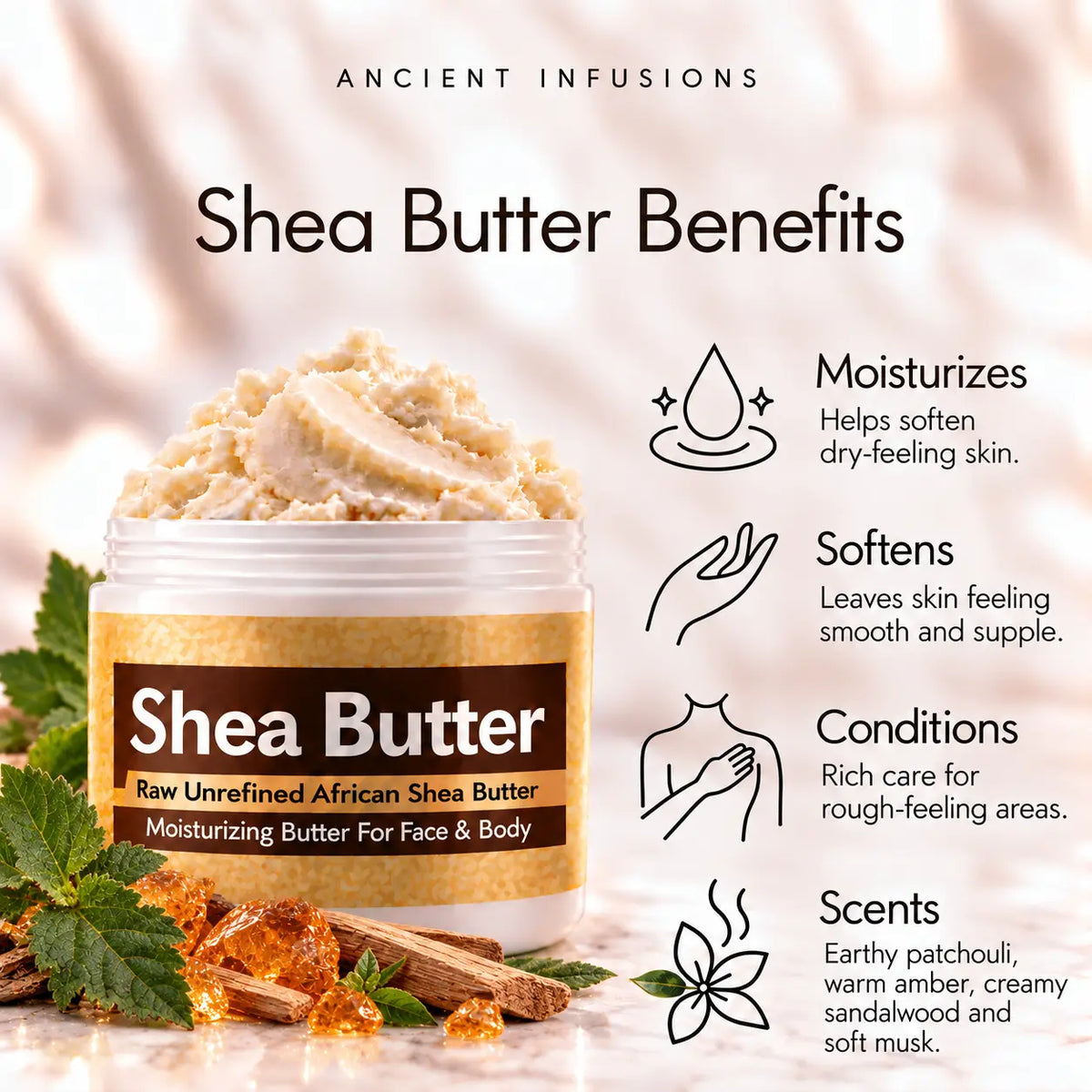 Patchouli shea butter moisturizing, softening, conditioning and earthy patchouli, warm amber, creamy sandalwood and soft musk scented-skin benefits.