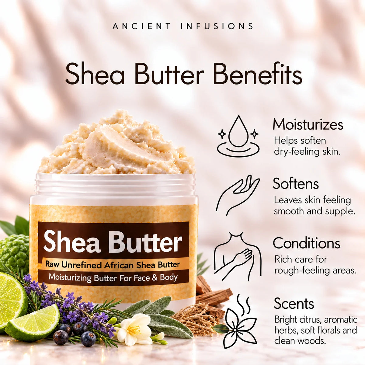 Perry Ellis 360-inspired shea butter benefits: moisturizes, softens, conditions and scents skin with bright citrus, aromatic herbs, soft florals and clean woods.