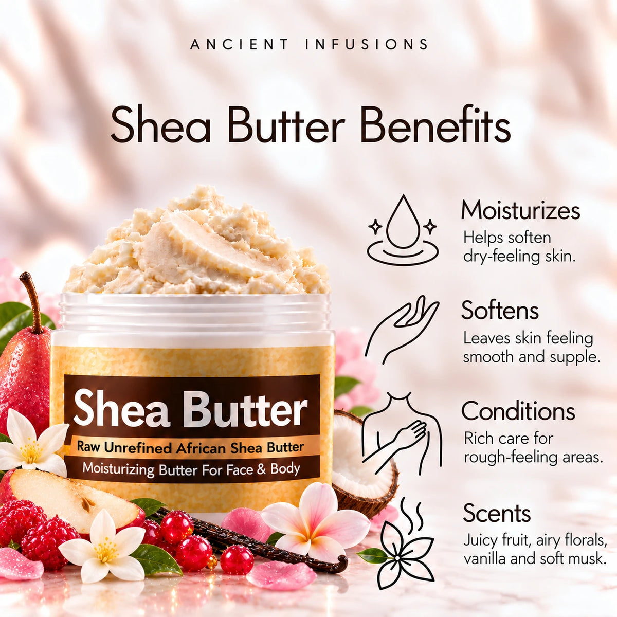 Pink Chiffon shea butter moisturizing, softening, conditioning and scented-skin benefits.