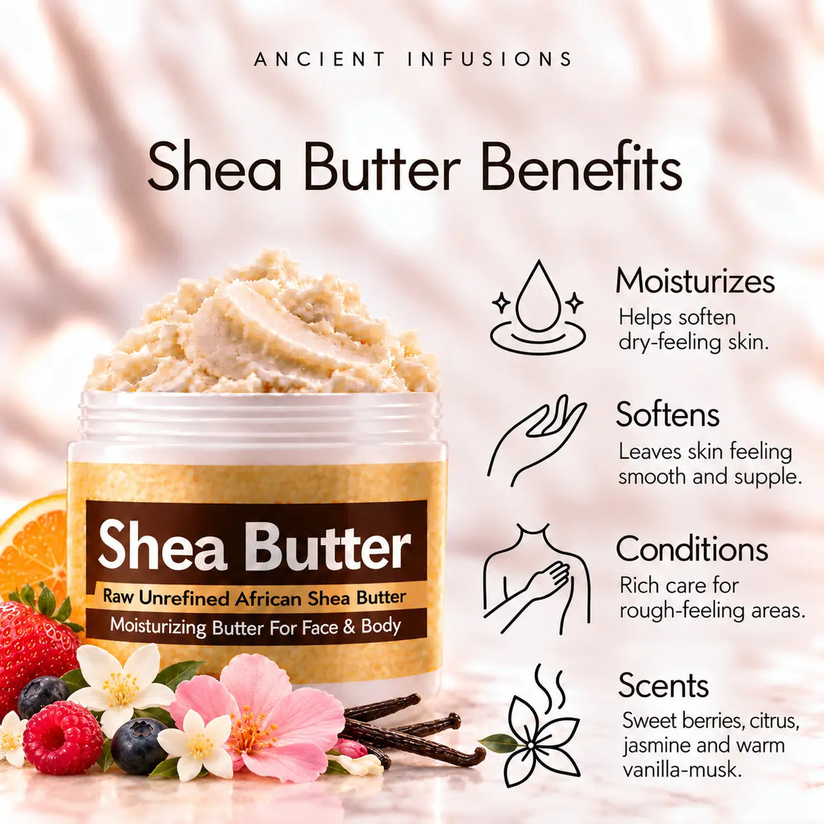 Pink Pu**y shea butter benefits: moisturizes, softens, conditions and scents skin with sweet berries, citrus, jasmine and warm vanilla-musk.