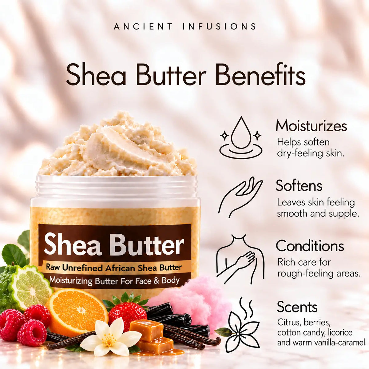 Pink Sugar-inspired shea butter benefits: moisturizes, softens, conditions and scents skin with citrus, berries, cotton candy, licorice and warm vanilla-caramel.