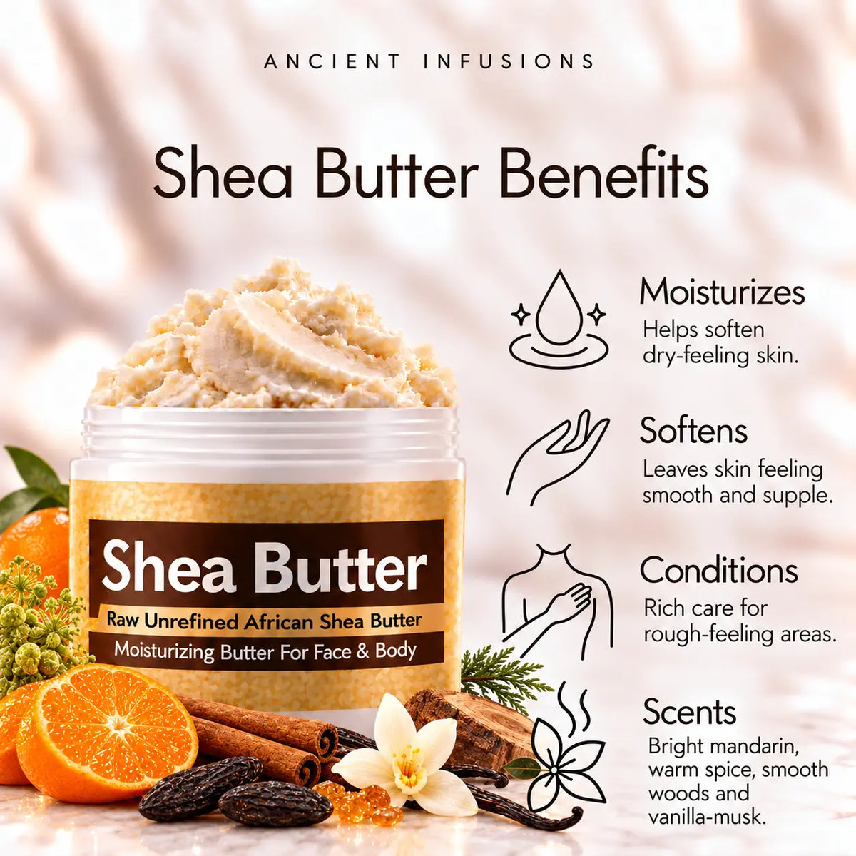 Playboy London-inspired shea butter benefits: moisturizes, softens, conditions and scents skin with bright mandarin, warm spice, smooth woods and vanilla-musk.