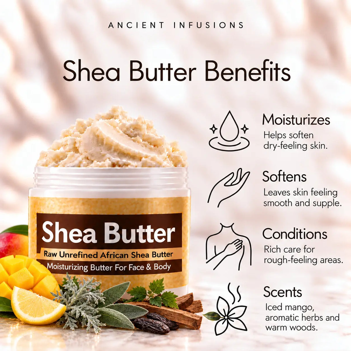 Polo Black-inspired shea butter benefits: moisturizes, softens, conditions and scents skin with iced mango, aromatic herbs and warm woods.