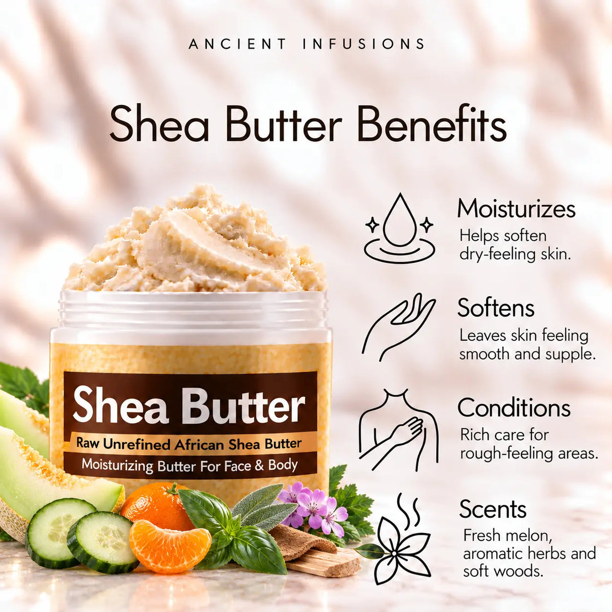 Polo Blue-inspired shea butter benefits: moisturizes, softens, conditions and scents skin with fresh melon, aromatic herbs and soft woods.