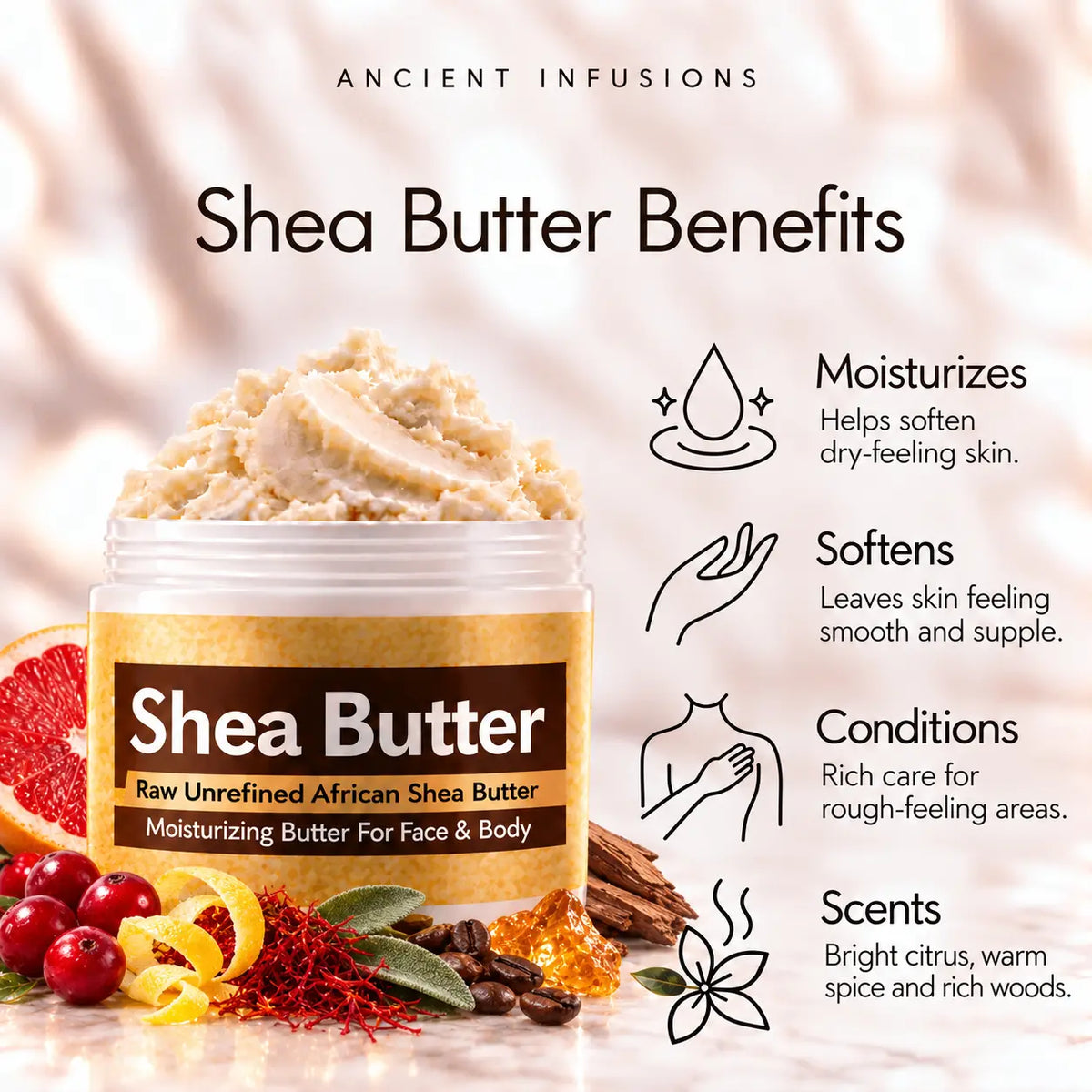 Polo Red-inspired shea butter benefits: moisturizes, softens, conditions and scents skin with bright citrus, warm spice and rich woods.
