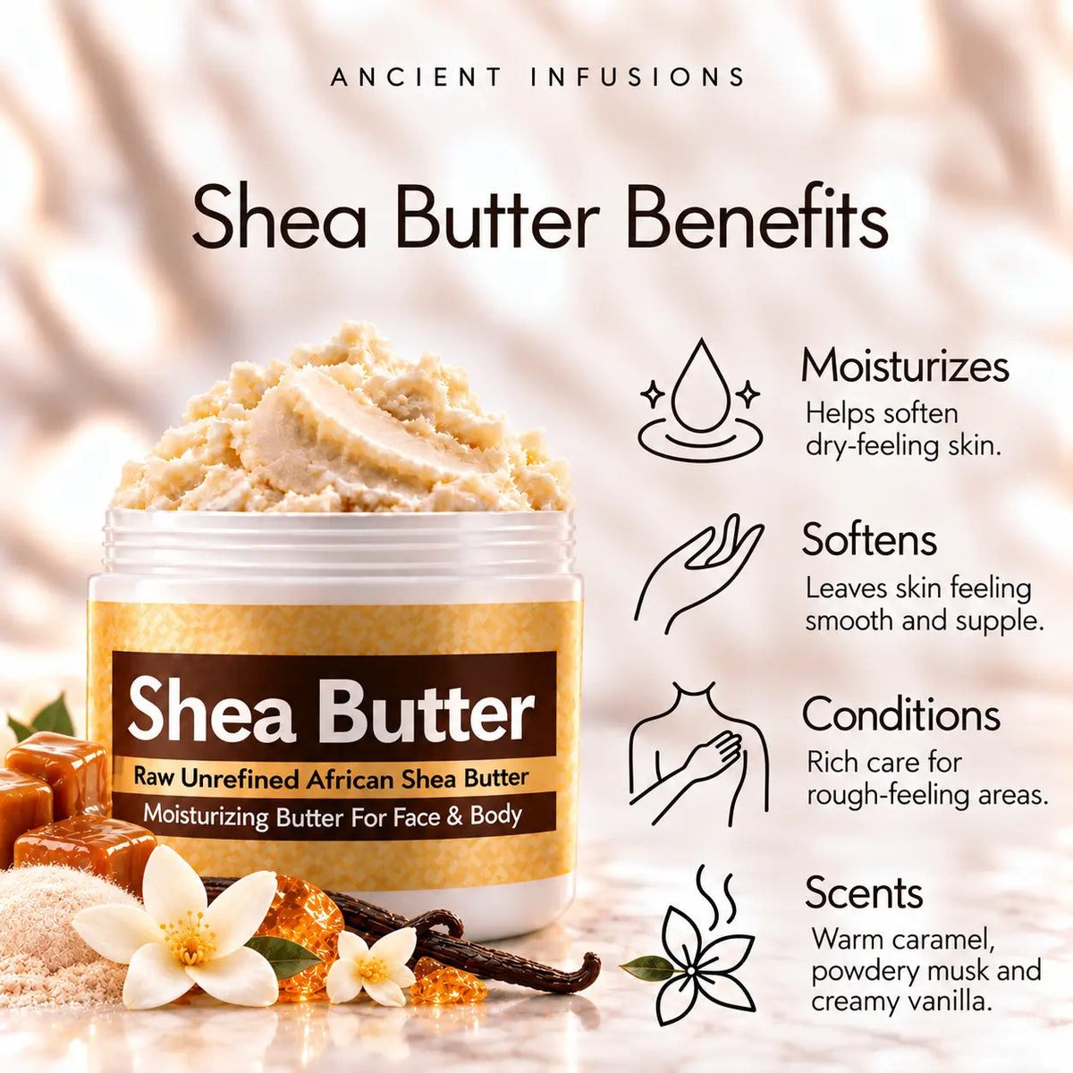 Prada Candy-inspired shea butter benefits: moisturizes, softens, conditions and scents skin with warm caramel, powdery musk and creamy vanilla.