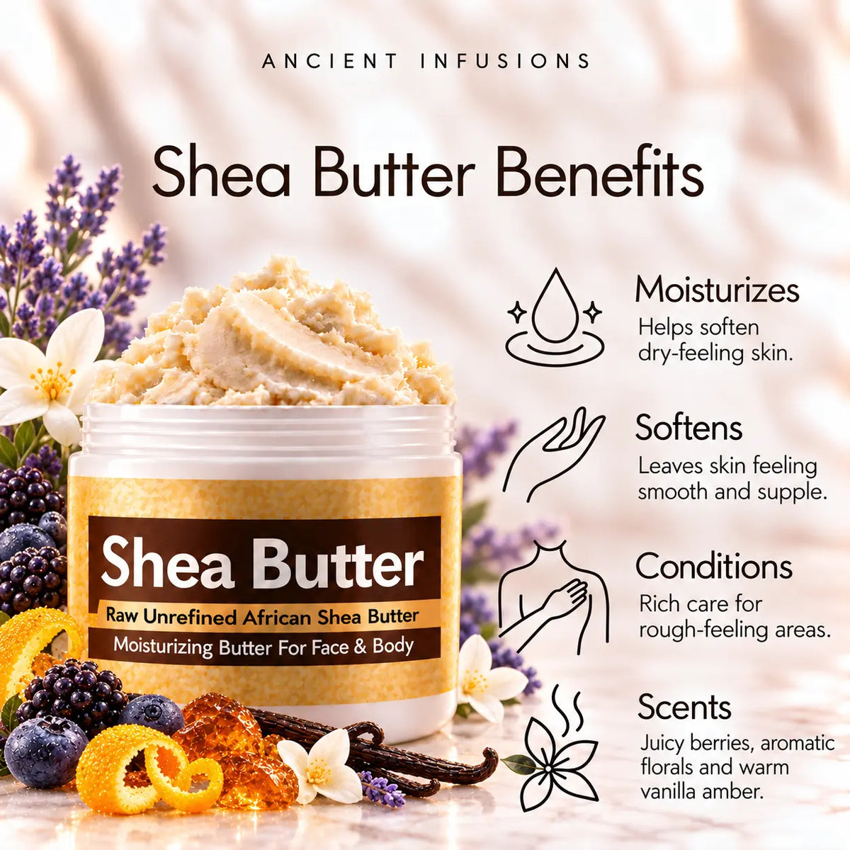 Purple Haze shea butter benefits: moisturizes, softens, conditions and scents skin with juicy berries, aromatic florals and warm vanilla amber.