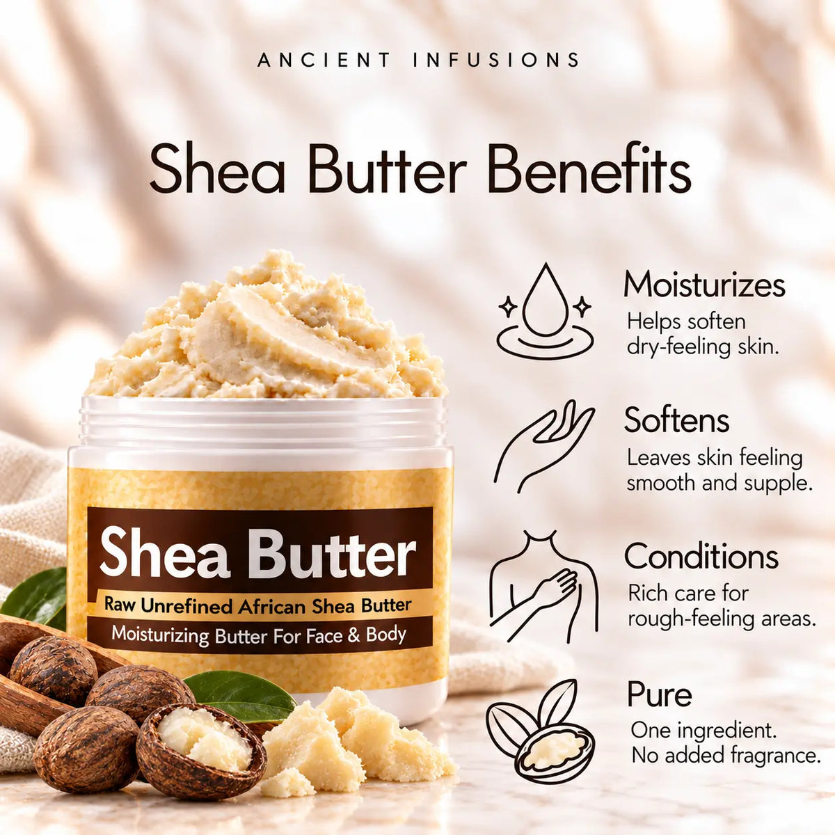 Raw African unscented shea butter benefits: moisturizes, softens and conditions skin with one ingredient and no added fragrance.