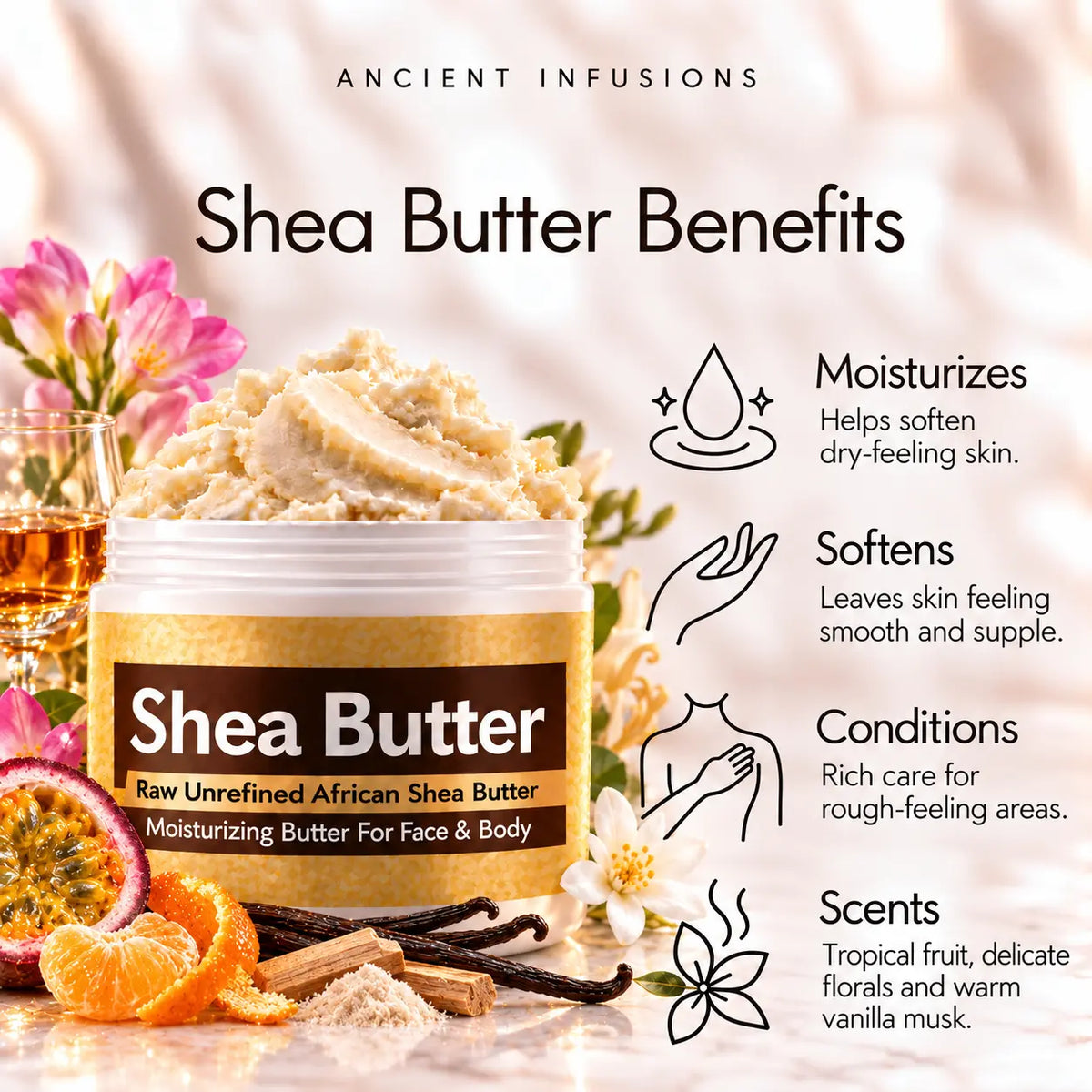 Rihanna RiRi-inspired shea butter benefits: moisturizes, softens, conditions and scents skin with tropical fruit, delicate florals and warm vanilla musk.