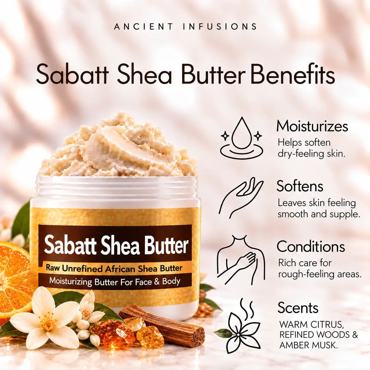 Sabatt shea butter benefits: moisturizes, softens, conditions and scents skin with warm citrus, refined woods and amber musk.