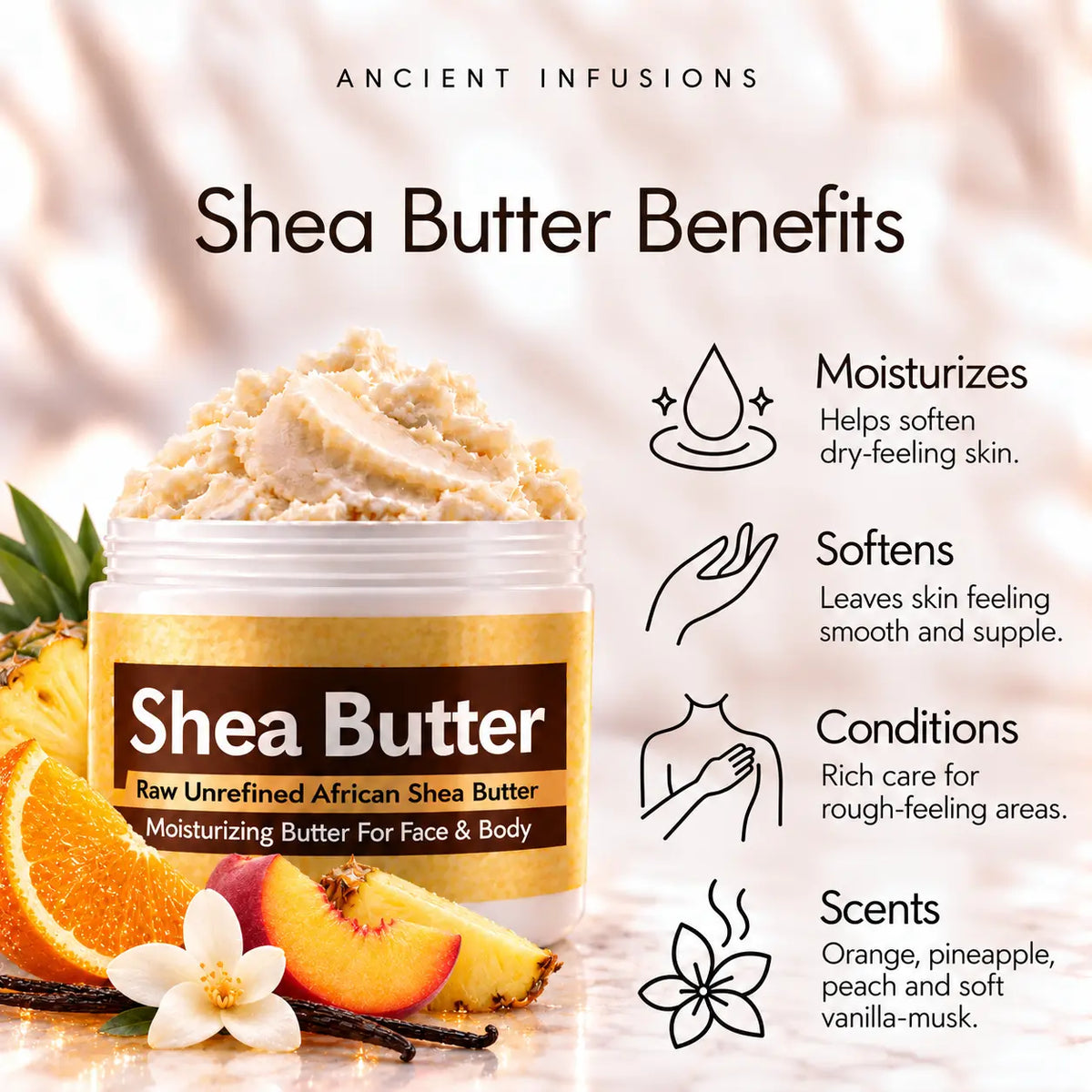 Sex on the Beach shea butter benefits: moisturizes, softens, conditions and scents skin with orange, pineapple, peach and soft vanilla-musk.
