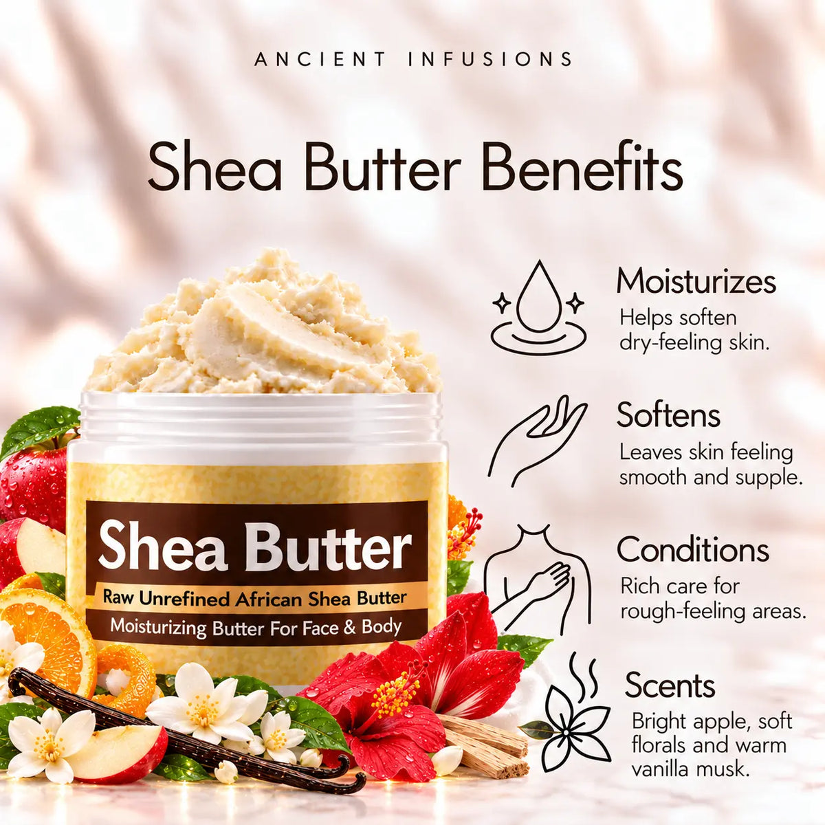 True Religion Woman shea butter benefits: moisturizes, softens, conditions and scents skin with bright apple, soft florals and warm vanilla musk.