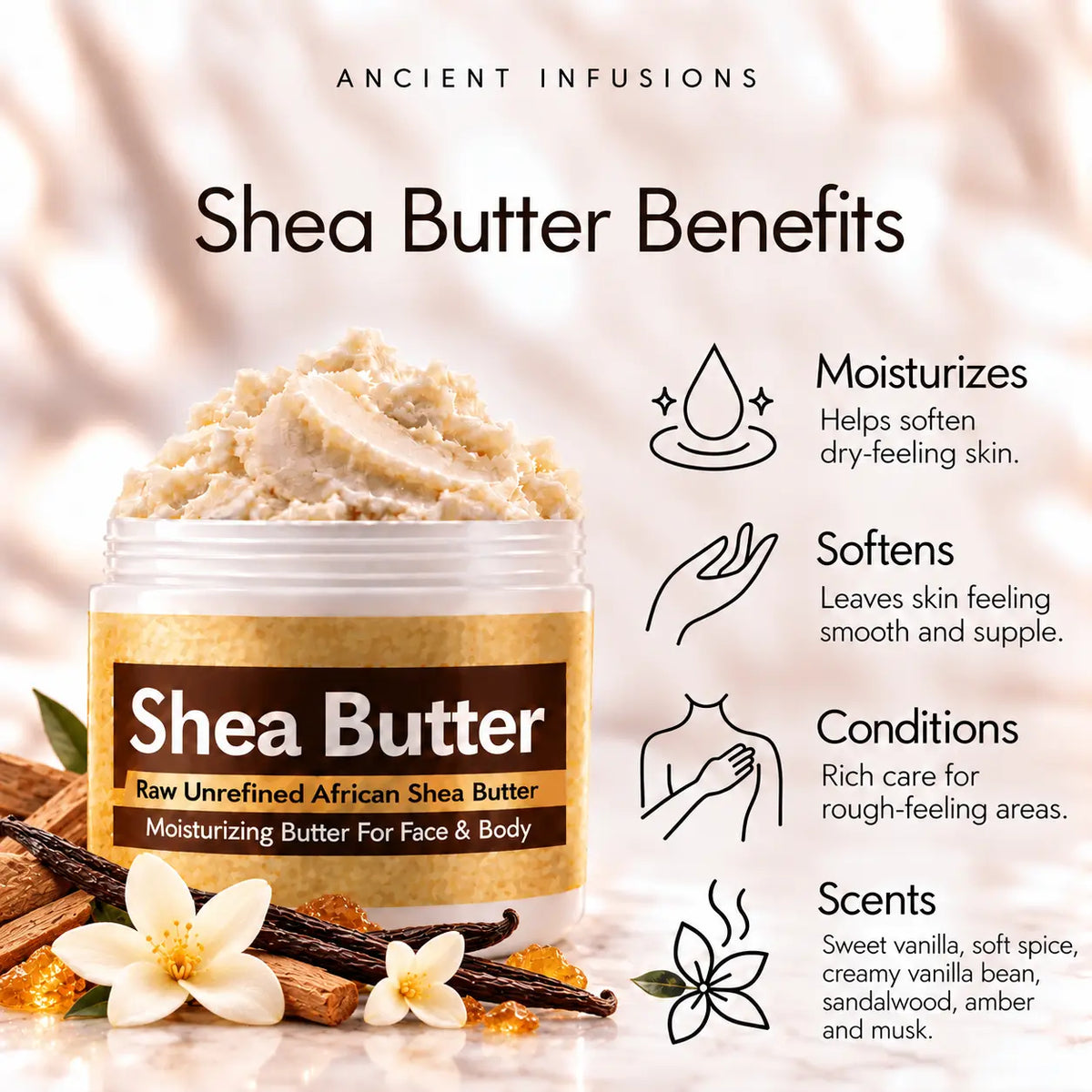 Vanilla Woods shea butter benefits: moisturizes, softens, conditions and scents skin with vanilla, soft spice, sandalwood, amber and musk.