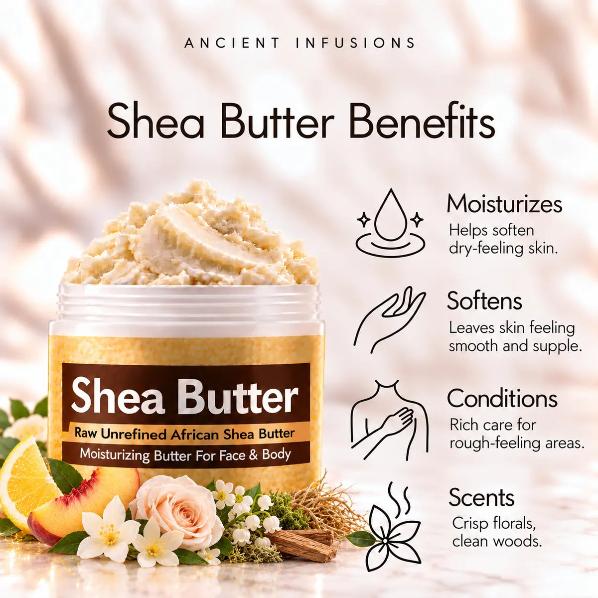 White Linen shea butter moisturizing, softening, conditioning and fragrance benefits.