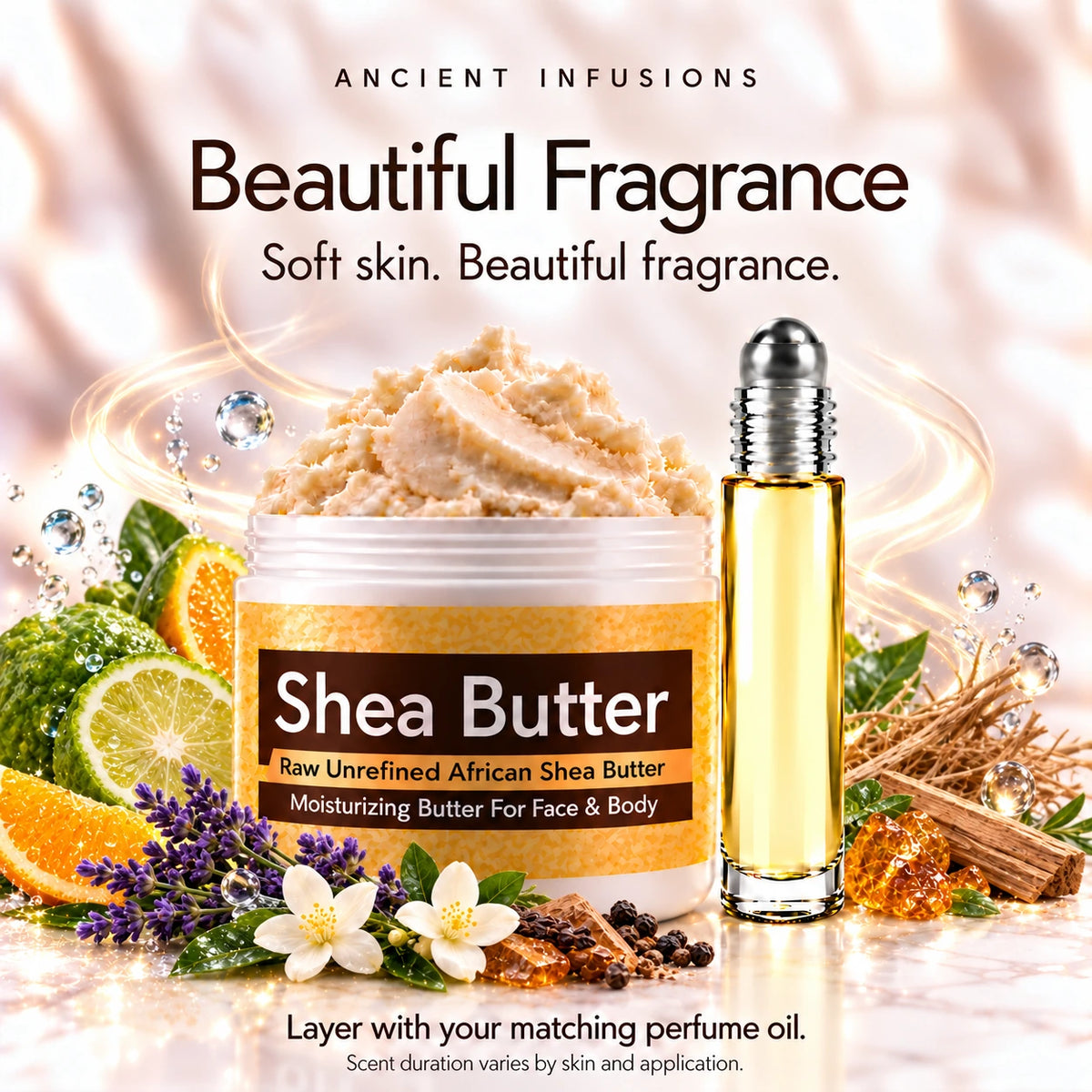 Barack Obama shea butter and perfume oil for layering; scent duration varies.