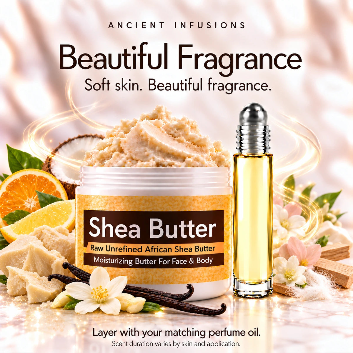 Cocoa Butter Cashmere shea butter and perfume oil for fragrance layering; scent duration varies.