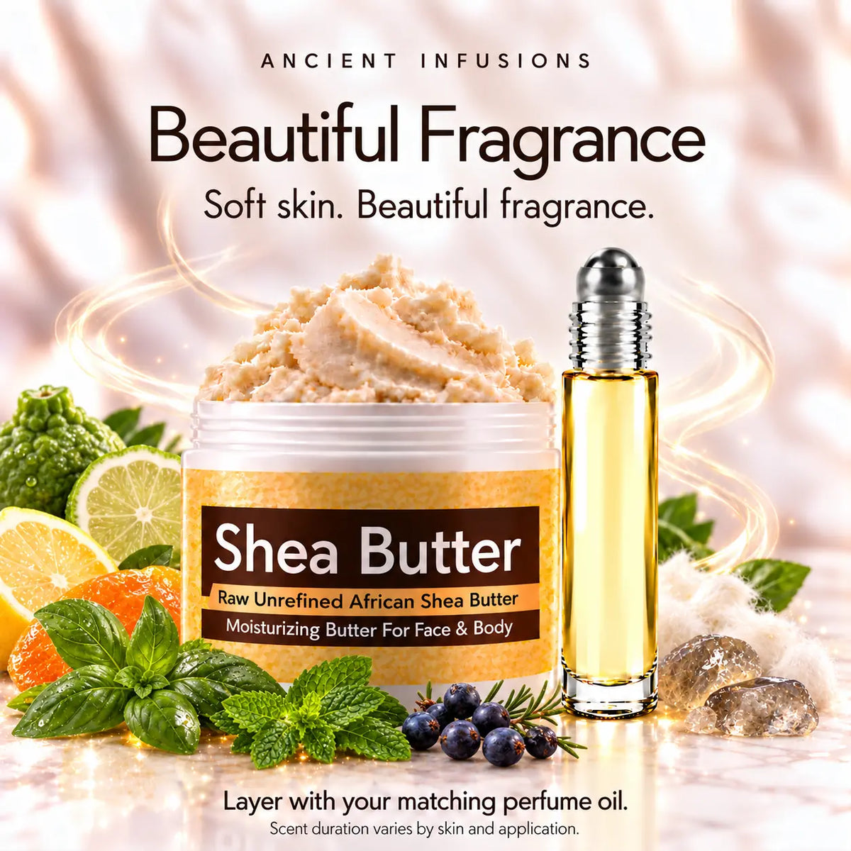 Creed Royal Water inspired shea butter and perfume oil for fragrance layering; scent duration varies.
