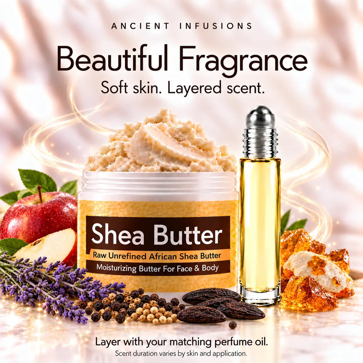 Ferragamo Black inspired shea butter and perfume oil for fragrance layering; scent duration varies.