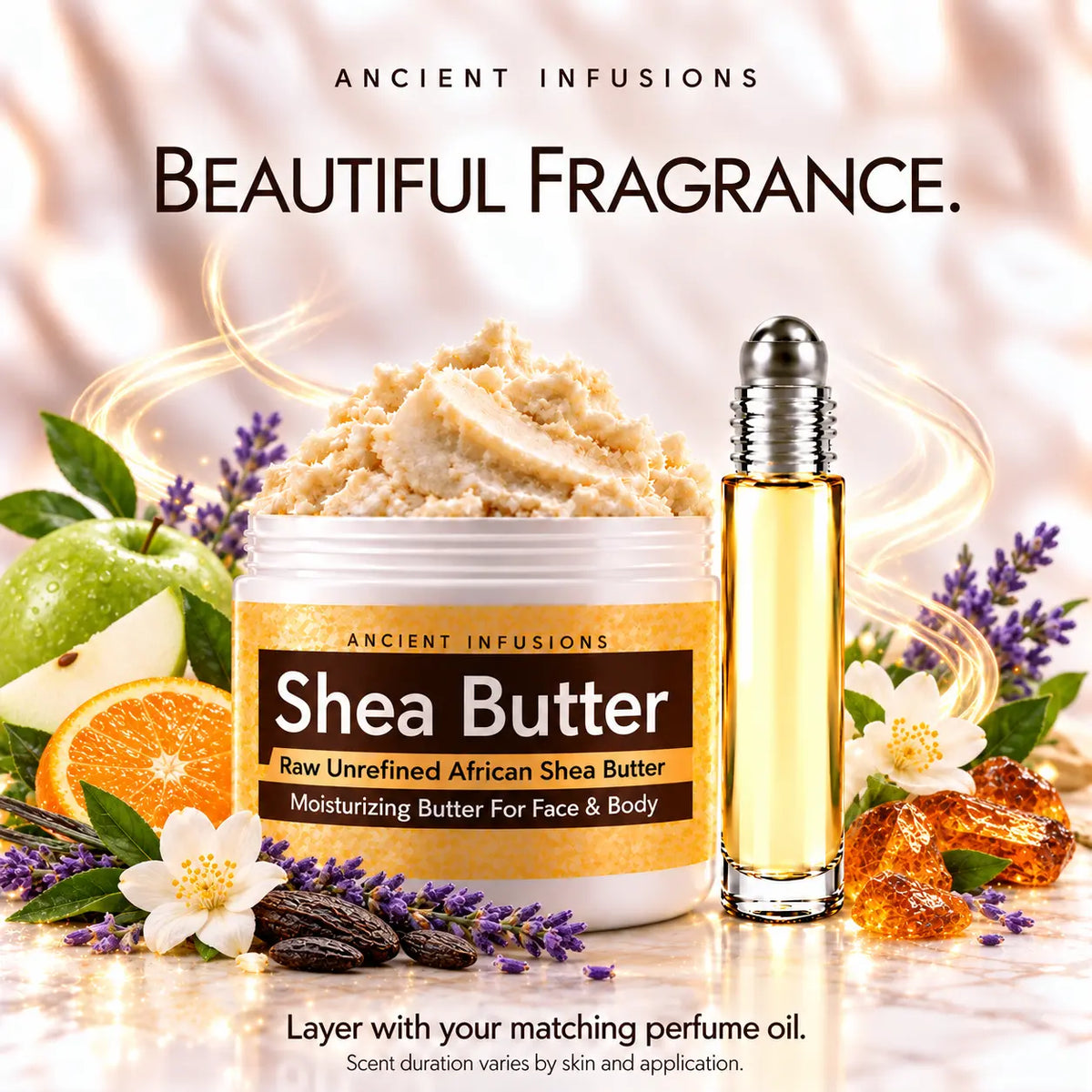 First Instinct Blue shea butter with matching perfume oil for fragrance layering; scent duration varies by skin and application.