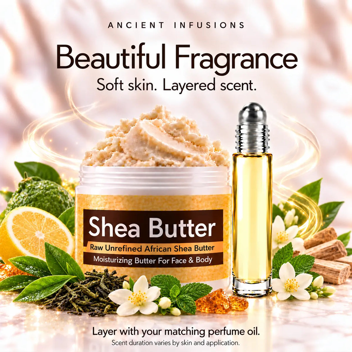 Green Tea shea butter and perfume oil for fragrance layering; scent duration varies.