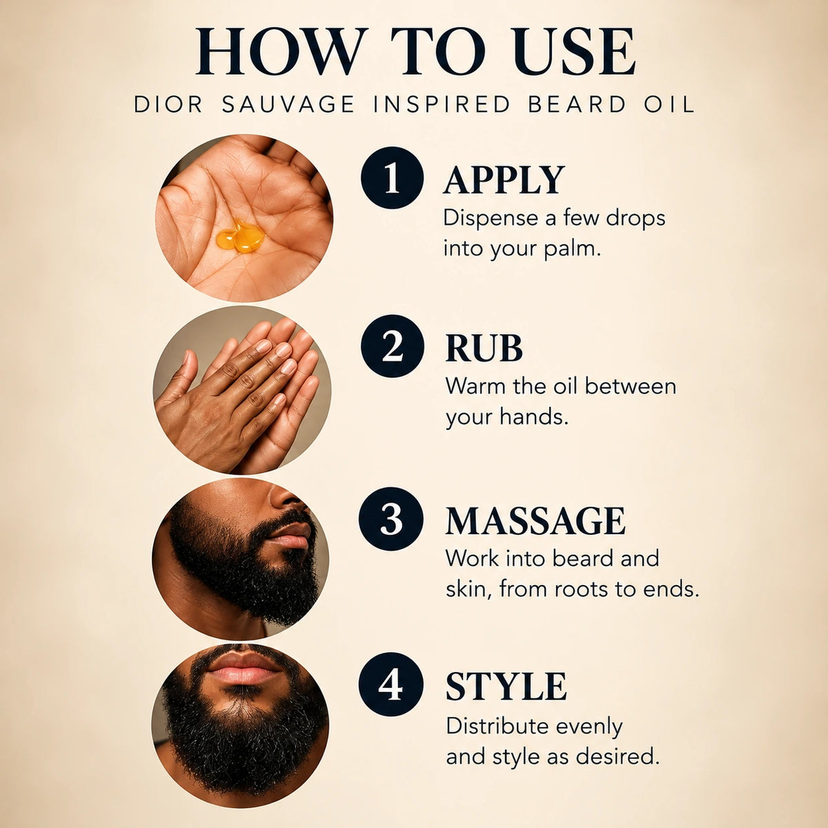 How to apply Dior Sauvage inspired beard oil: dispense a few drops, rub hands, massage beard and skin, and style