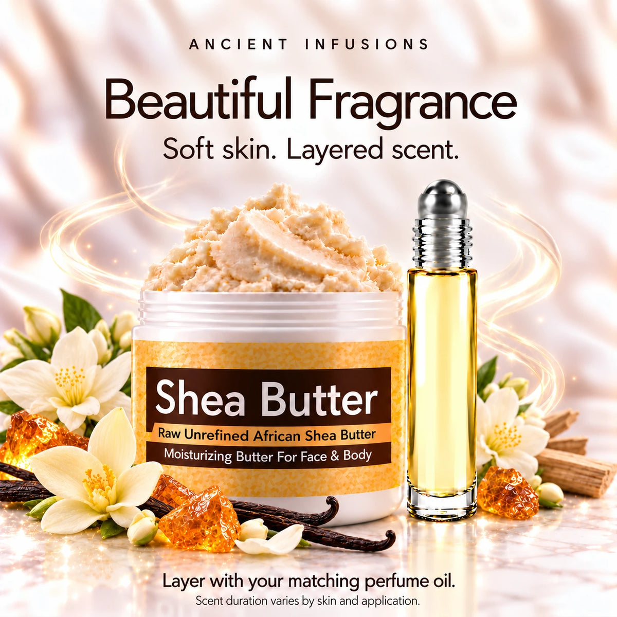 Hug My Neck shea butter and perfume oil for fragrance layering; scent duration varies.