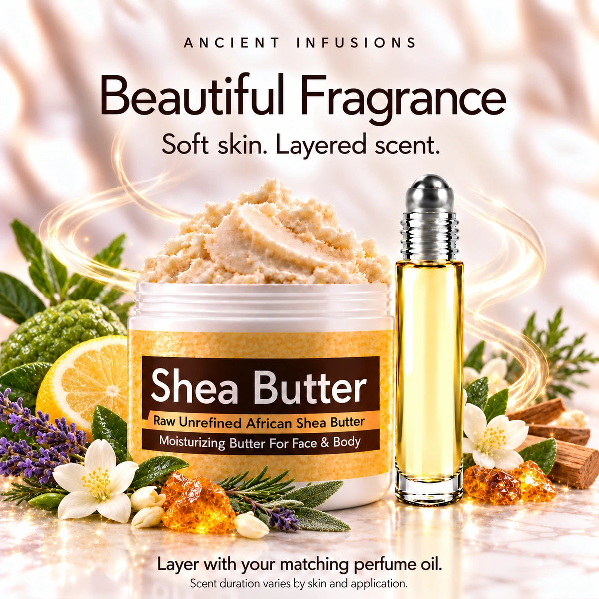 Iceberg inspired shea butter and perfume oil for fragrance layering; scent duration varies.