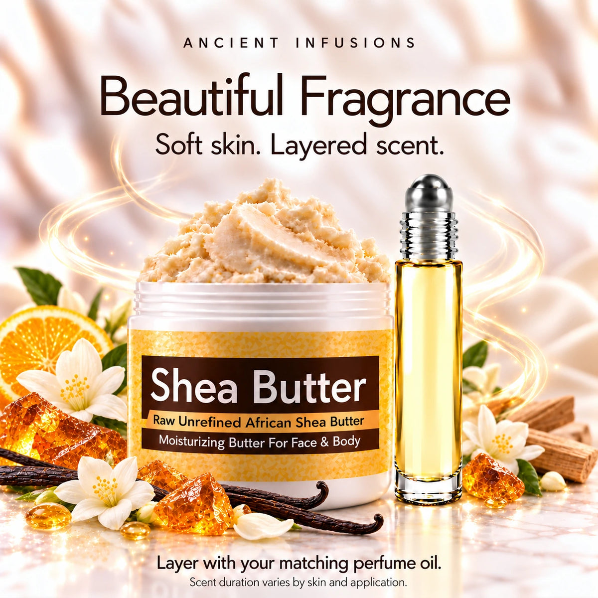 Imported Amber White shea butter and perfume oil for fragrance layering; scent duration varies.