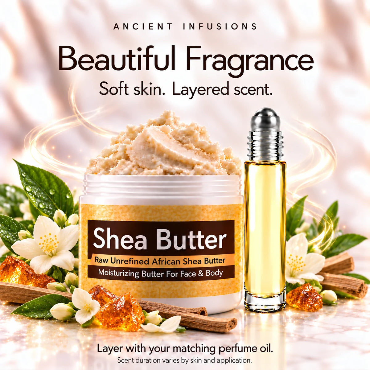 Imported Green Musk shea butter and perfume oil for fragrance layering; scent duration varies.