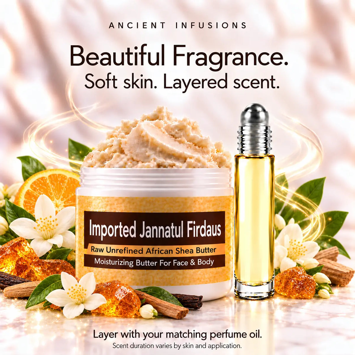 Imported Jannatul Firdaus shea butter and perfume oil for fragrance layering; scent duration varies.
