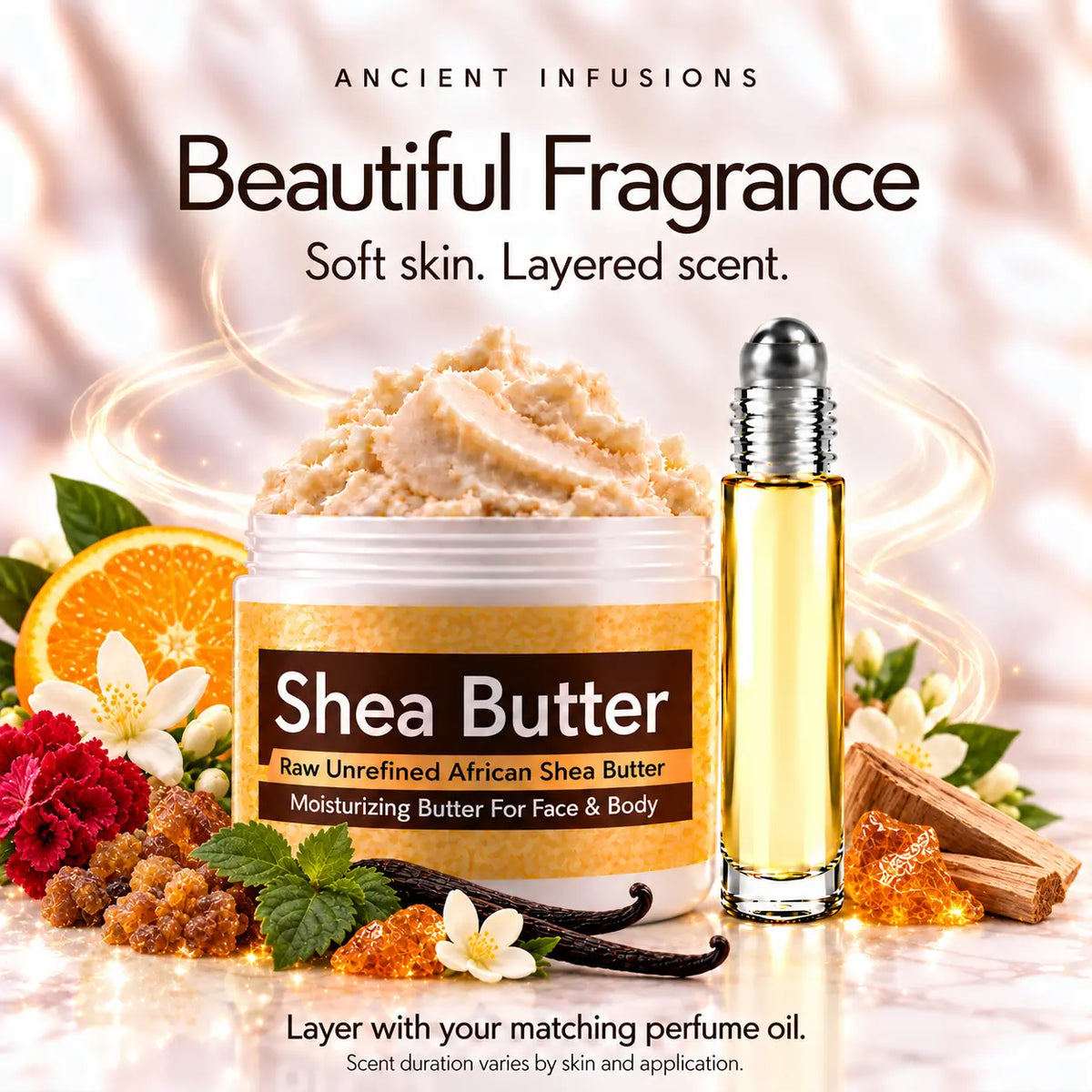 Imported Opium shea butter and matching perfume oil for fragrance layering; scent duration varies.