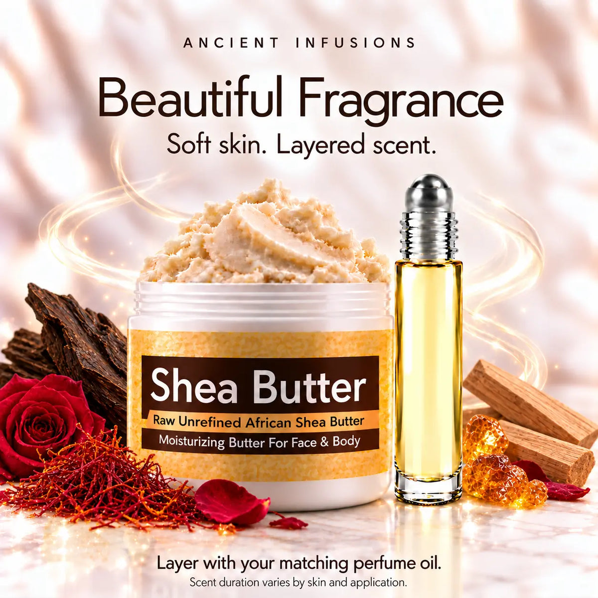 Imported Oud Al Mas shea butter and matching perfume oil for fragrance layering; scent duration varies.