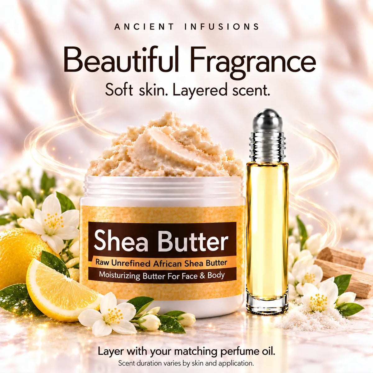 Imported Tahara Musk shea butter and matching perfume oil for fragrance layering; scent duration varies.