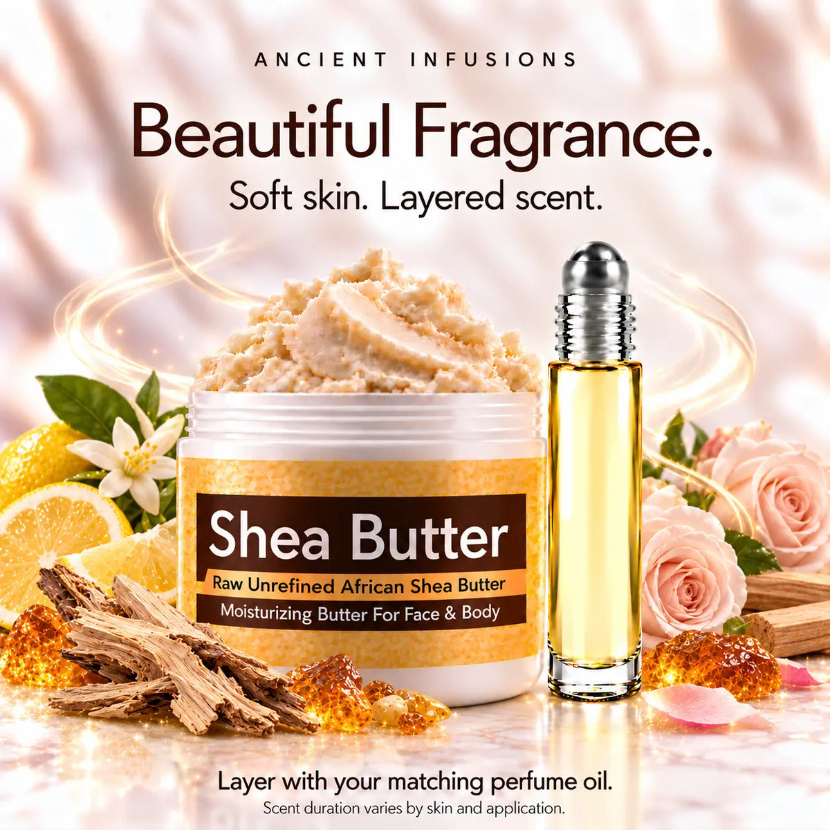Imported White Oud shea butter and matching perfume oil for fragrance layering; scent duration varies.