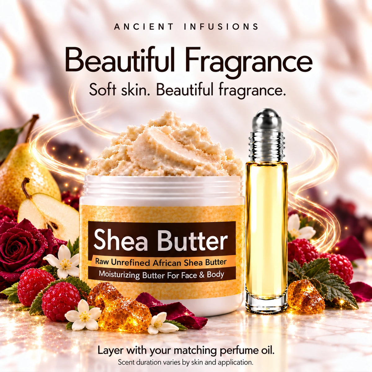 Into the Night shea butter and perfume oil for fragrance layering; scent duration varies.