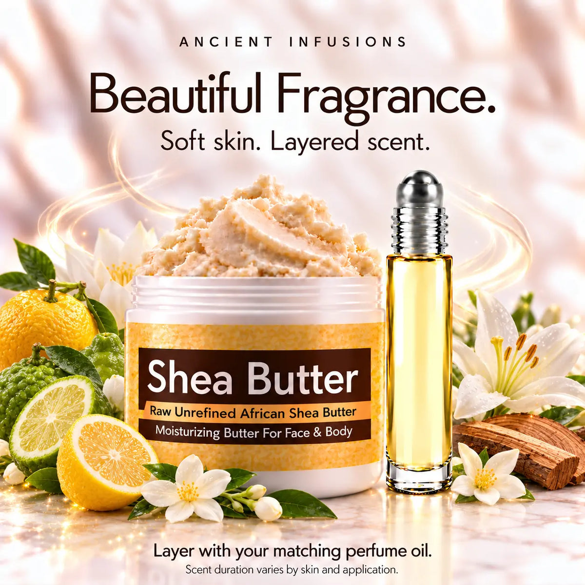 Issey Miyake inspired shea butter and matching perfume oil for fragrance layering; scent duration varies.