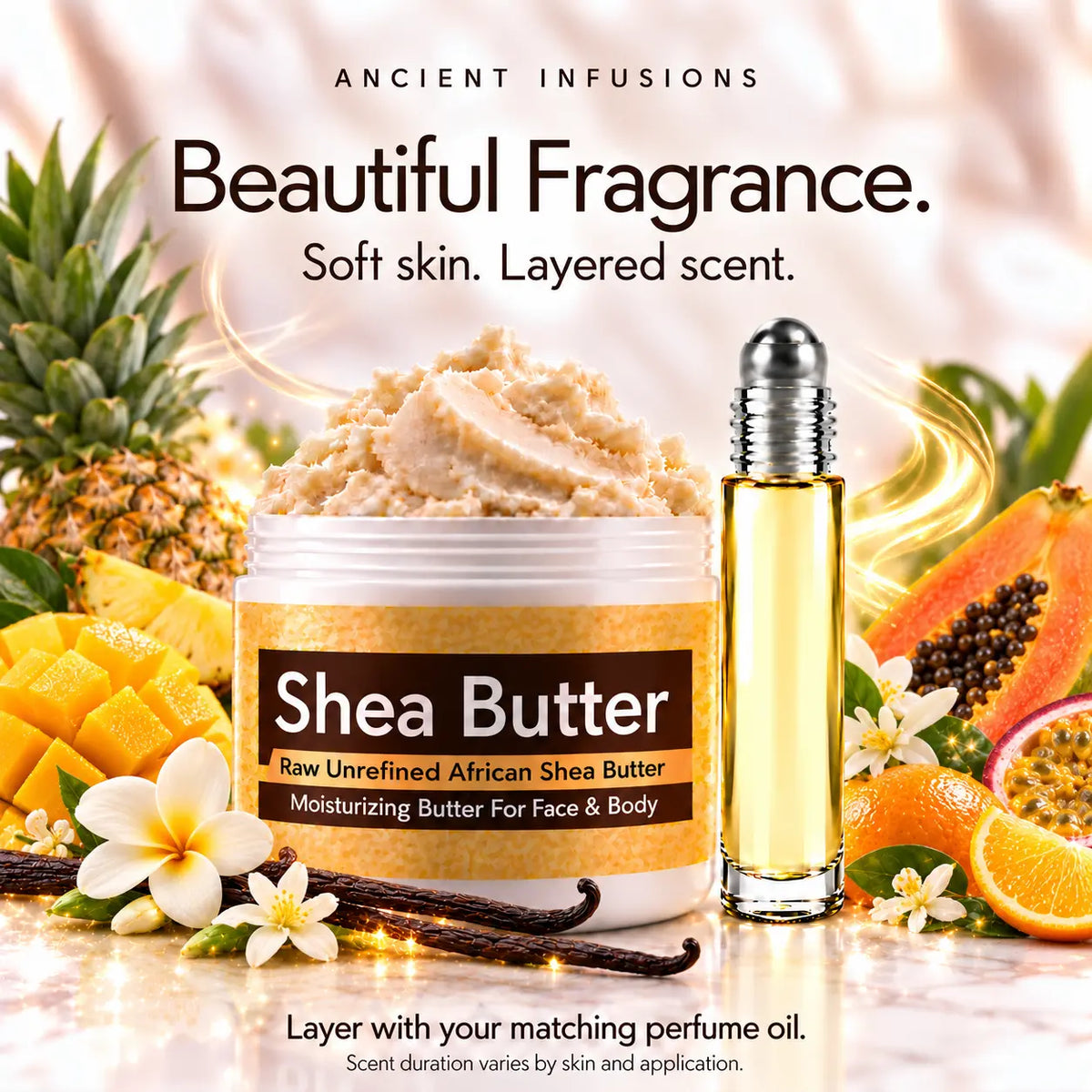 Jamaican Fruit shea butter and matching perfume oil for fragrance layering; scent duration varies.
