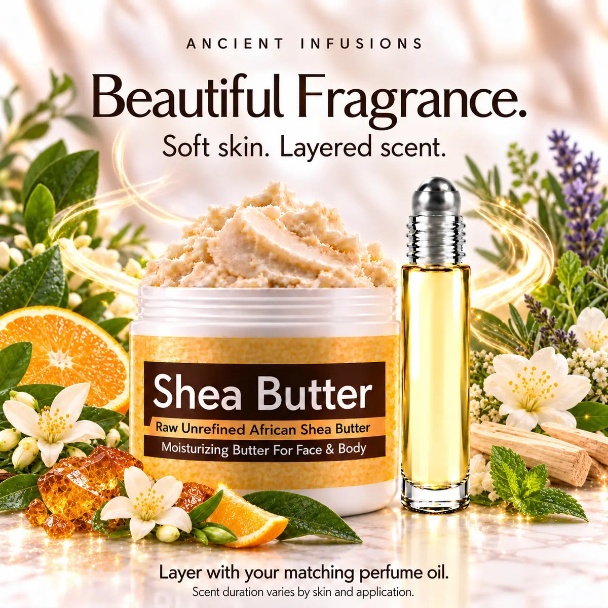 Jannatul Firdaus shea butter and matching perfume oil for fragrance layering; scent duration varies.