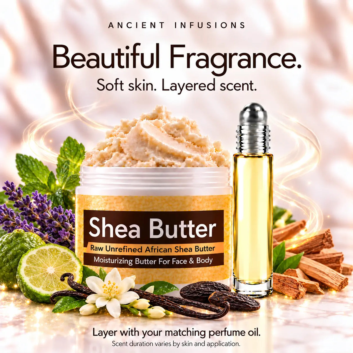 Le Male inspired shea butter and matching perfume oil for fragrance layering; scent duration varies.