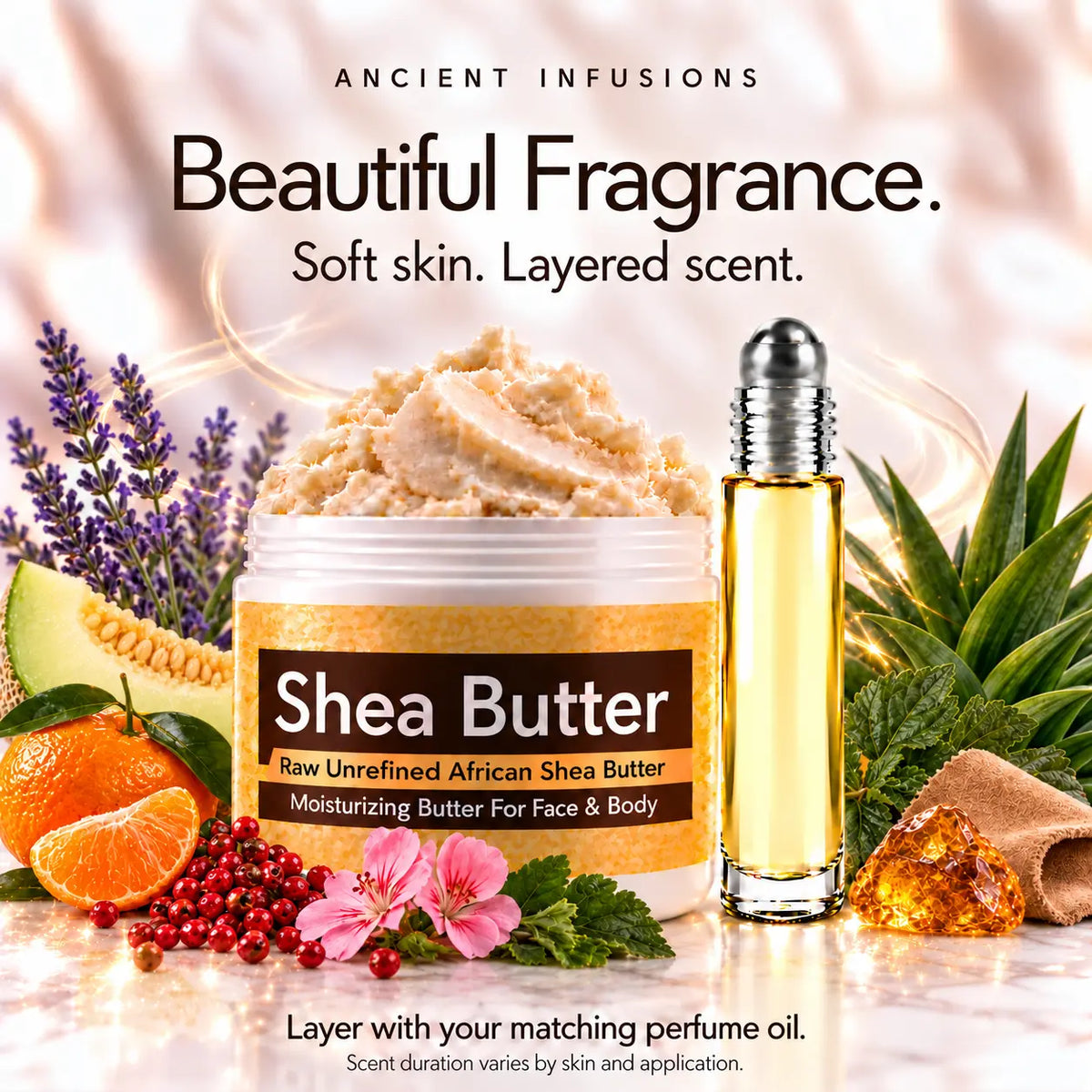 Jimmy Choo Man inspired shea butter and matching perfume oil for fragrance layering; scent duration varies.