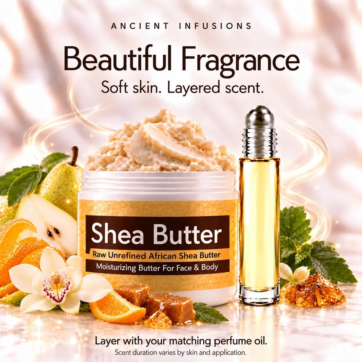 Jimmy Choo Woman inspired shea butter and matching perfume oil for fragrance layering; scent duration varies.