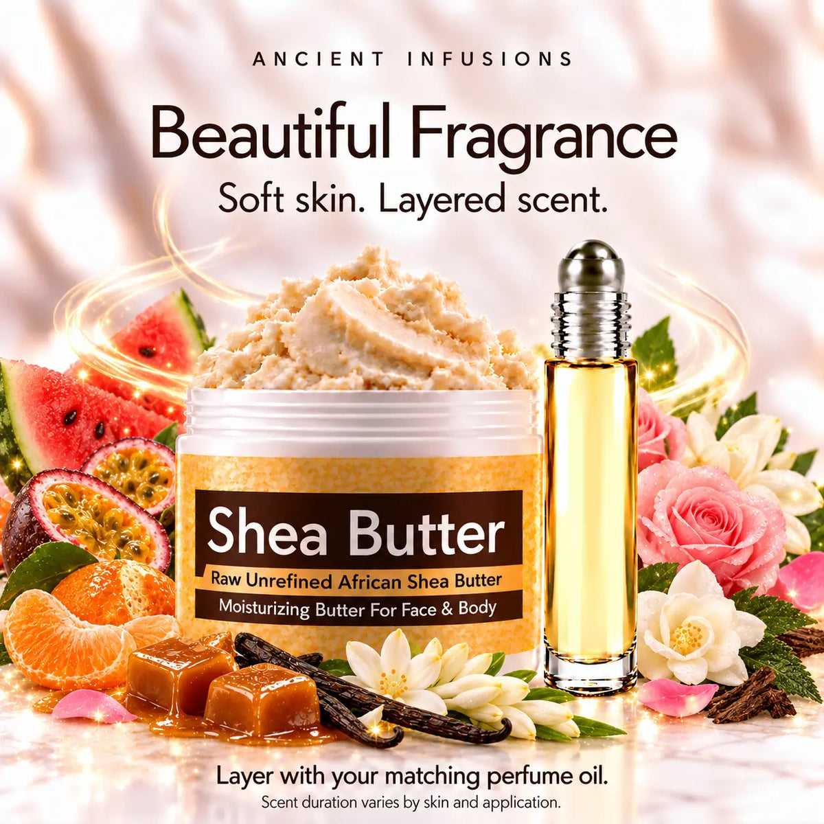 Juicy Couture inspired shea butter and matching perfume oil for fragrance layering; scent duration varies.