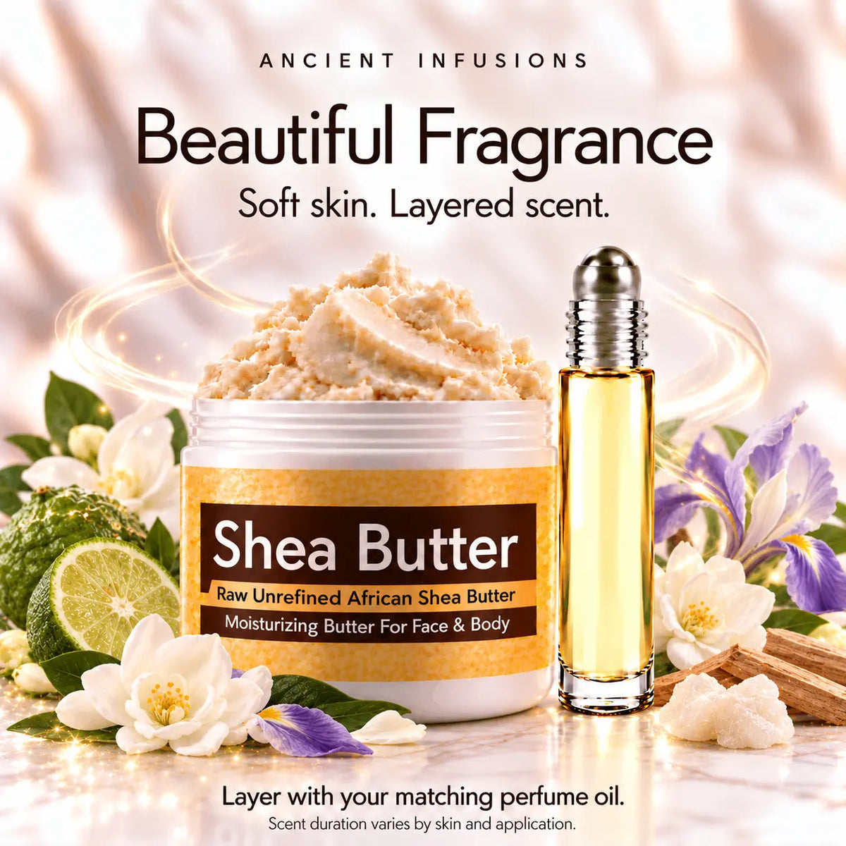 Lanvin Oxygen inspired shea butter and matching perfume oil for fragrance layering; scent duration varies.
