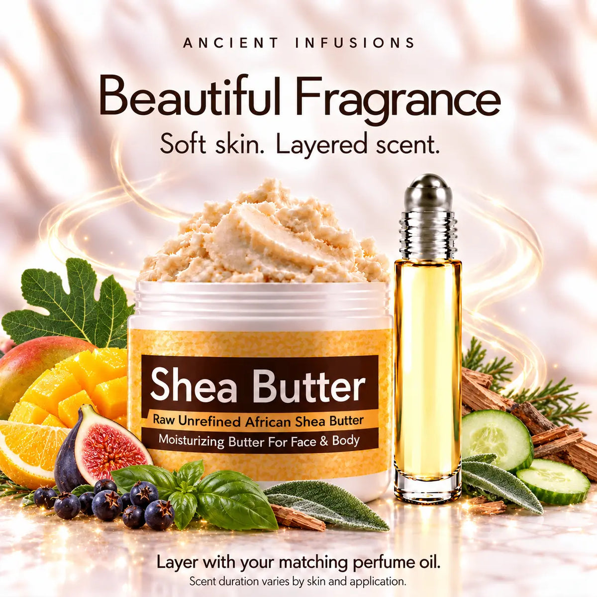 Paris Hilton for Men-inspired shea butter and matching perfume oil for fragrance layering; scent duration varies.