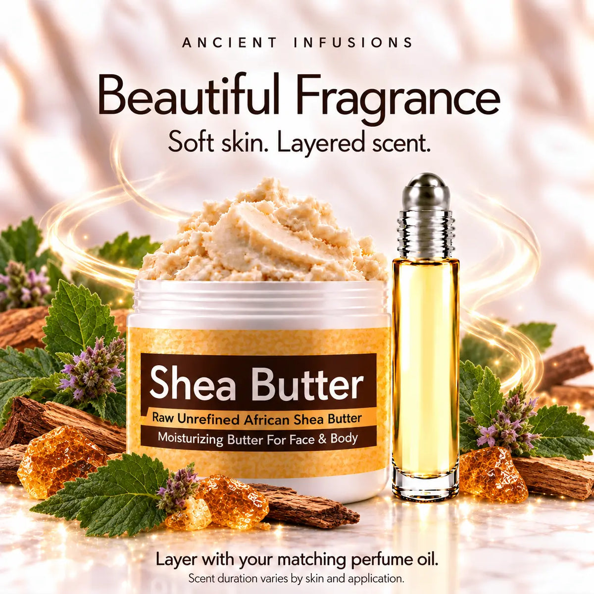 Patchouli shea butter and matching perfume oil for fragrance layering; scent duration varies.
