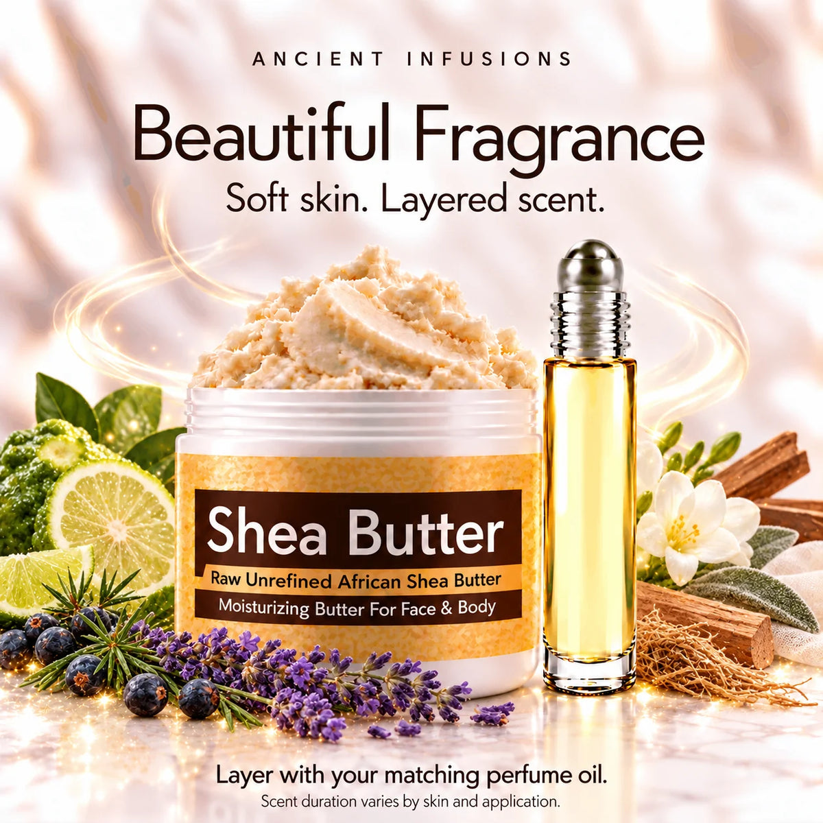 Perry Ellis 360-inspired shea butter and matching perfume oil for fragrance layering; scent duration varies.