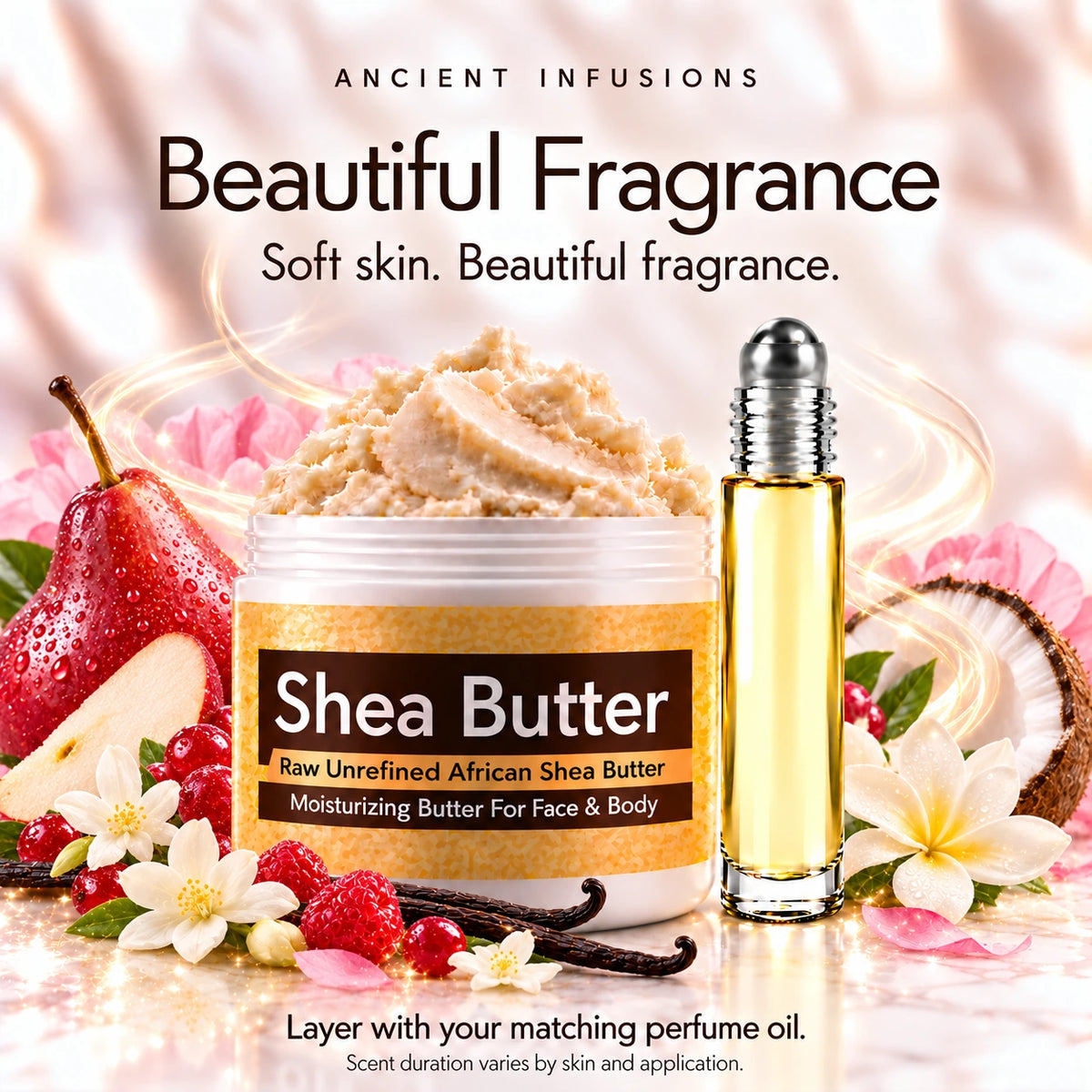 Pink Chiffon shea butter and perfume oil for fragrance layering; scent duration varies.