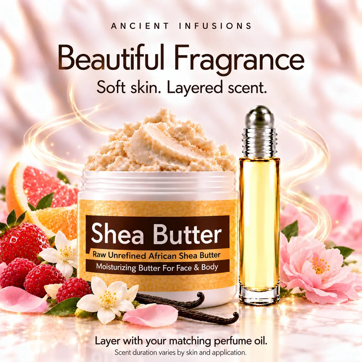 Pink Pu**y shea butter and matching perfume oil for fragrance layering; scent duration varies by skin and application.